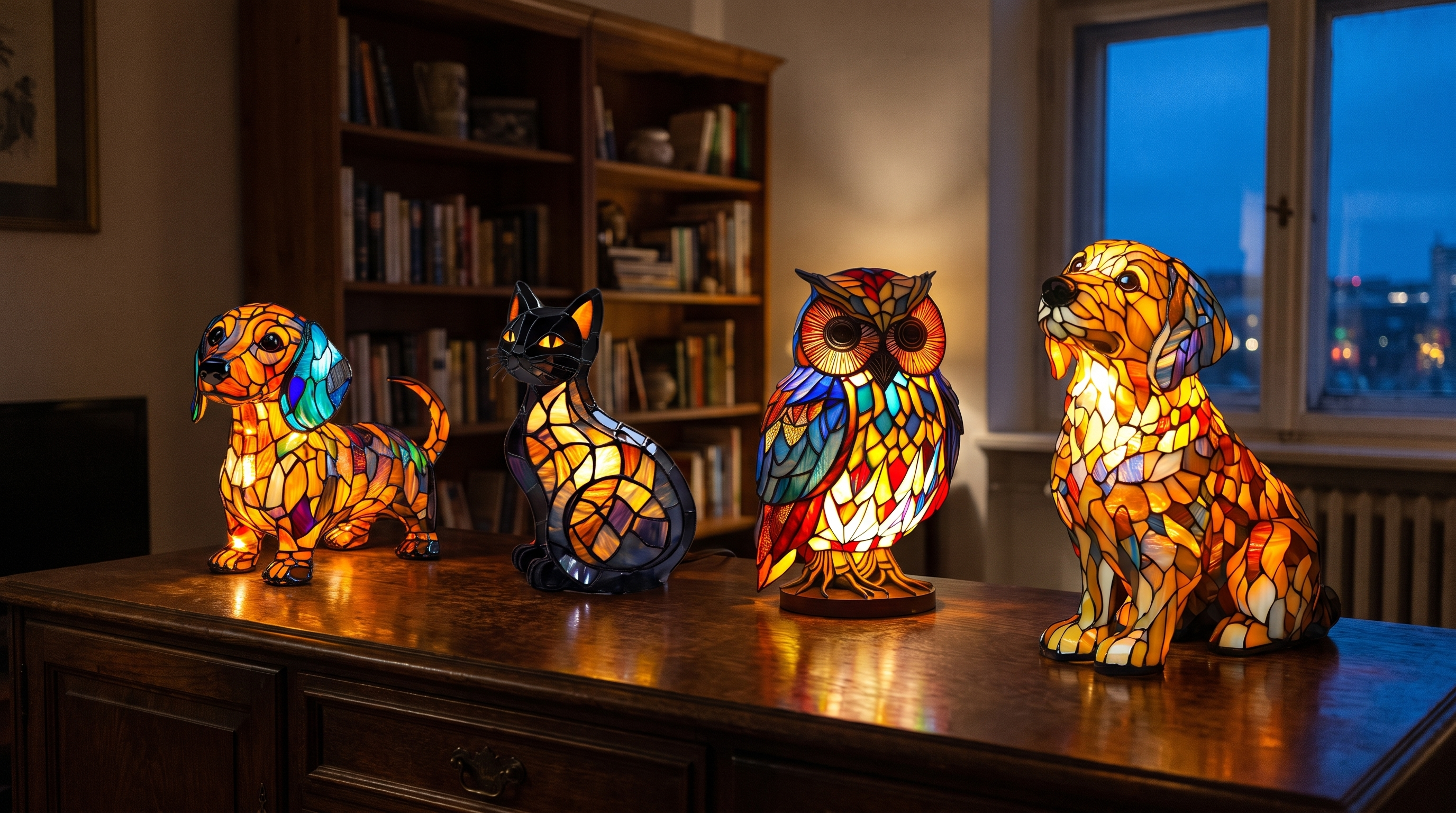 Lampy ve stylu Tiffany ve tvaru zvířat rozsvícené na komodě v útulném obývacím pokoji