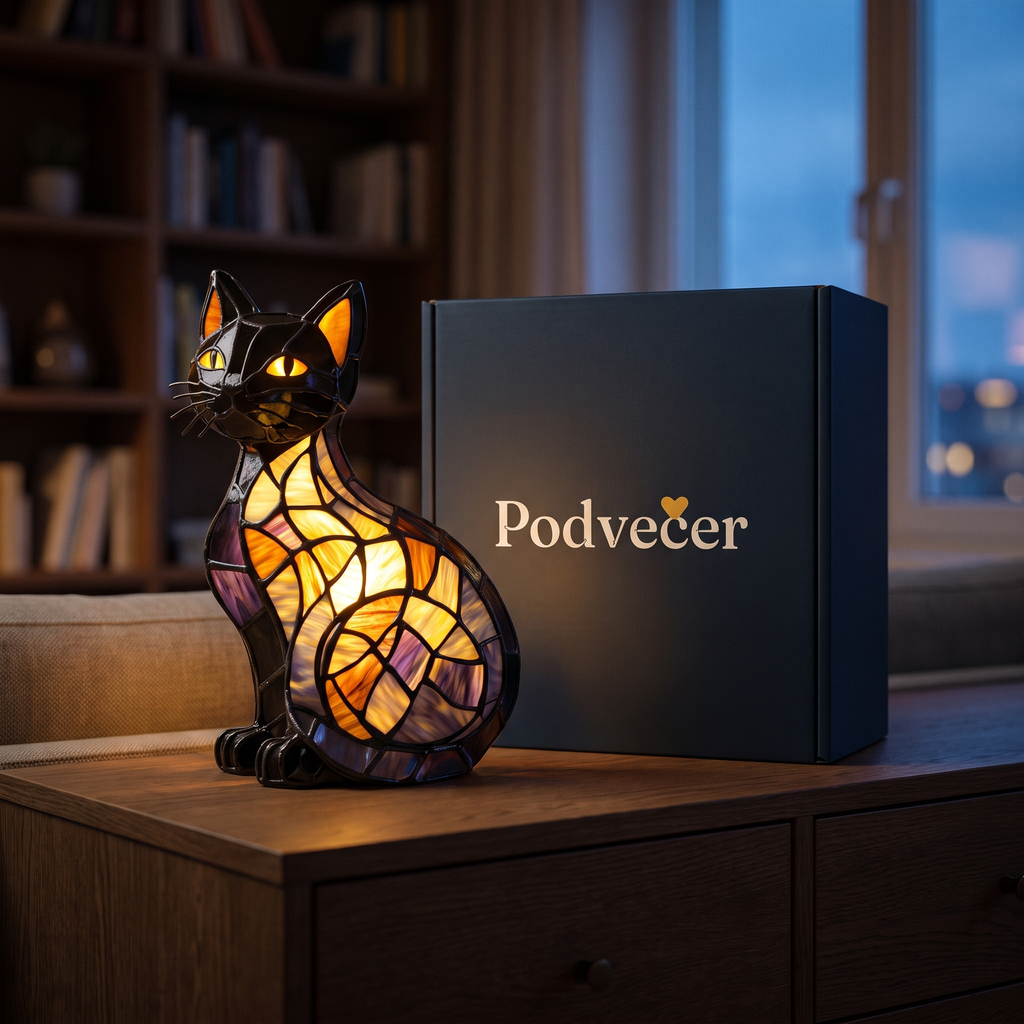 Lampa ve stylu Tiffany – Půlnoční kočka – dárkové balení Podvečer