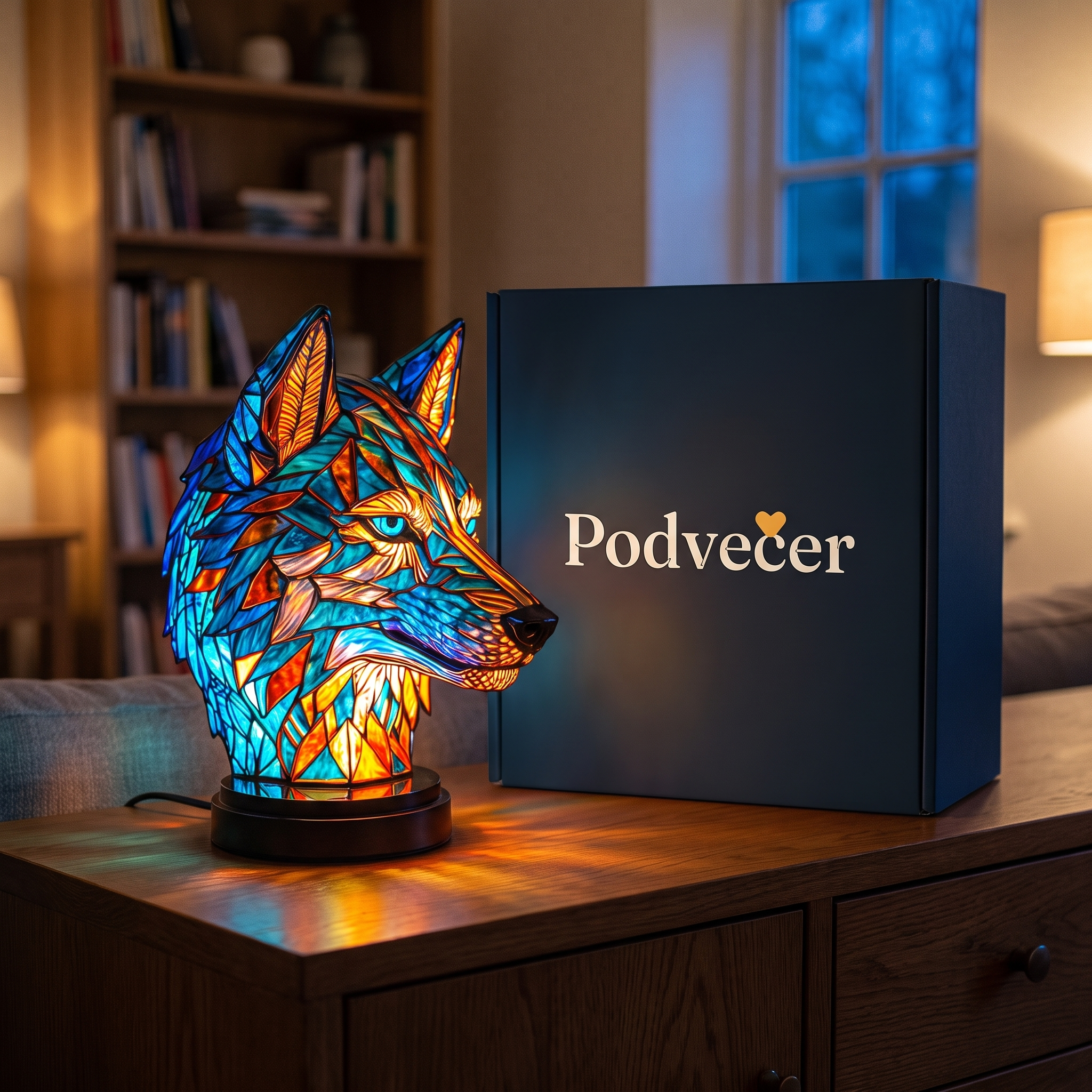 Lampa ve stylu Tiffany – Vlk – dárkové balení Podvečer