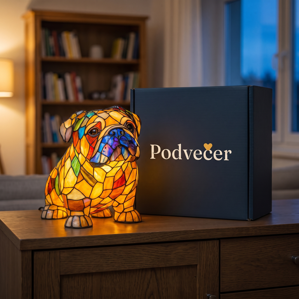 Lampa ve stylu Tiffany – Černý pes – dárkové balení Podvečer