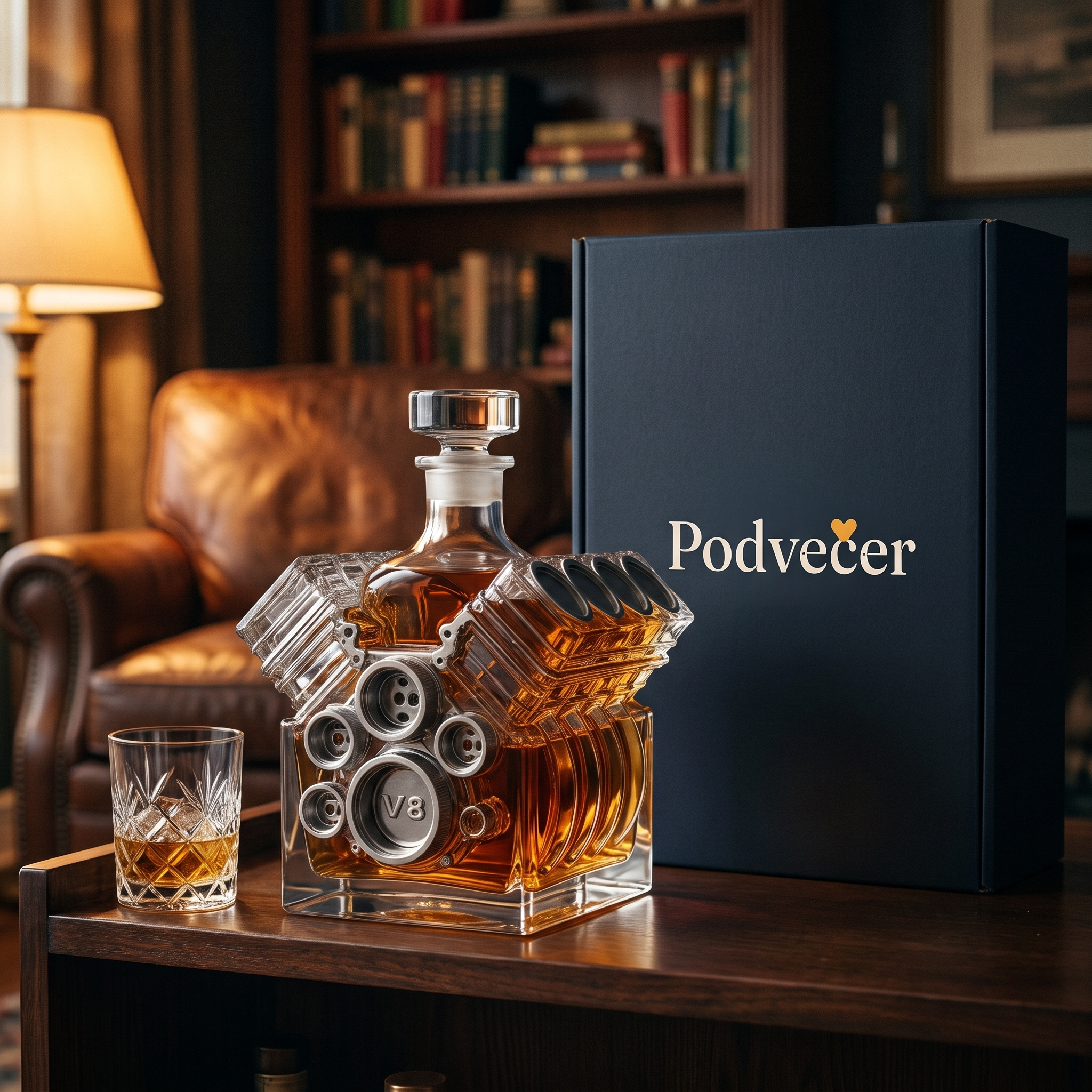 Karafa na whisky – Motor V8 – dárkové balení Podvečer