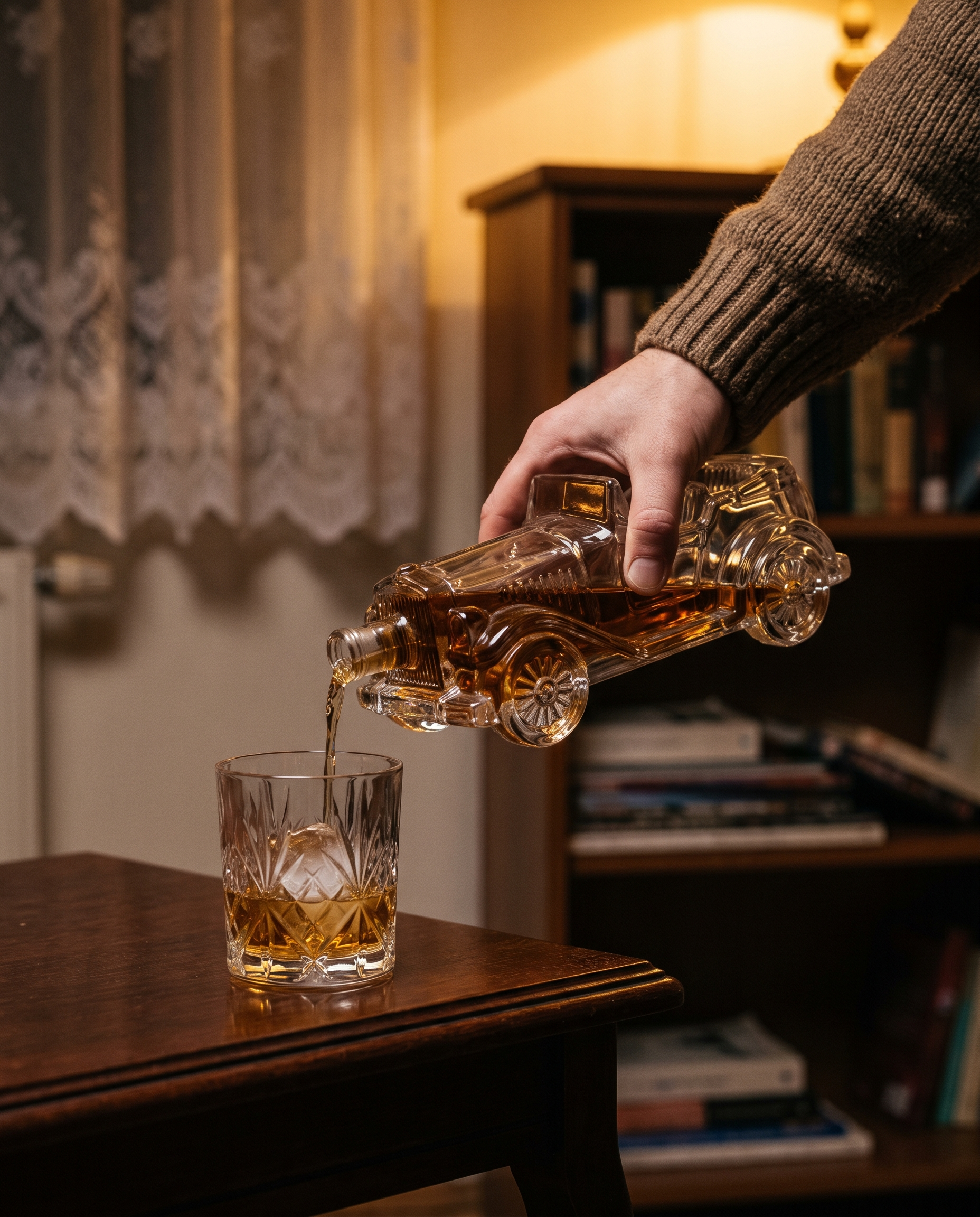 Nalévání whisky z karafy ve tvaru auta