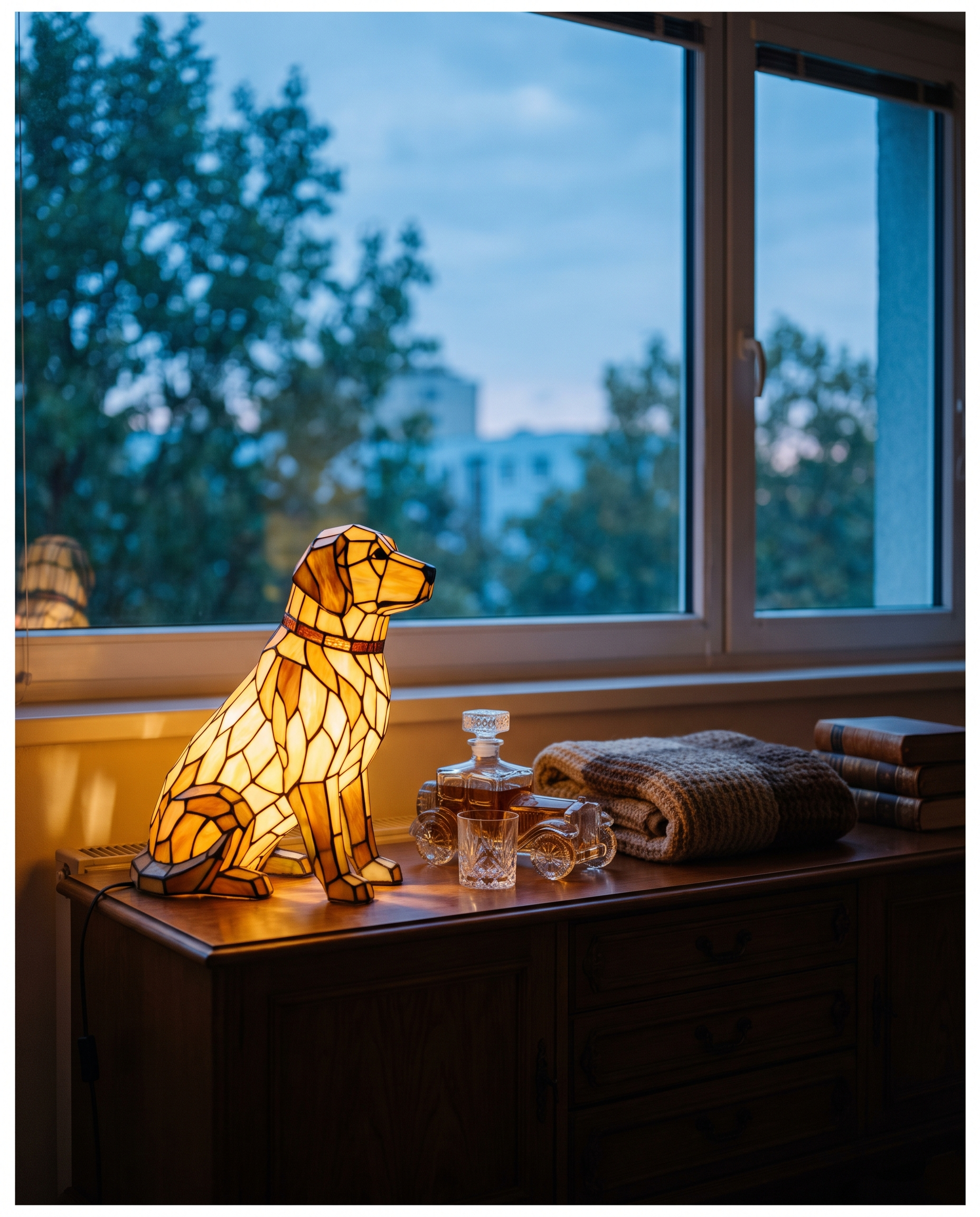 Podvečer – lampa ve stylu Tiffany a karafa na komodě za soumraku